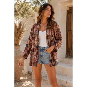 BCBG Max Azria Boho Paisley Open Front Kimono Cardigan Women’s XS